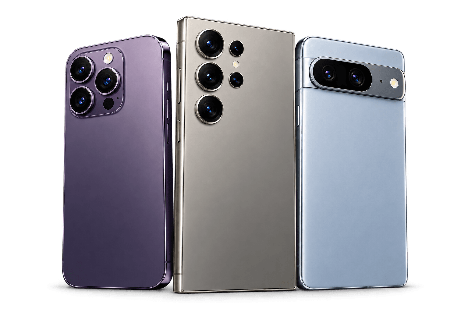 Three premium modern smartphones shown together from the back